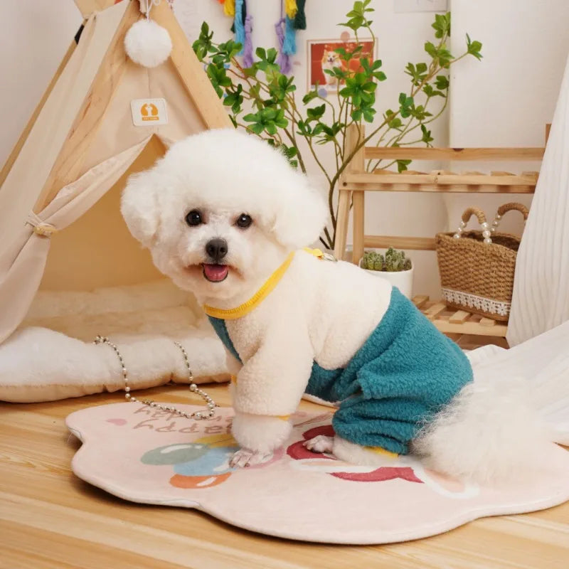 Pet Dog Four Legged Pants Dog Color Contrasting Jumpsuit Autumn and Winter Thick Lamb Fleece Four Leg Puppy Coat Bear Small Dog