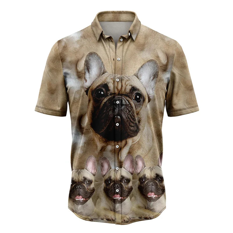 the BULLDOG HAWAII - Funny Bulldog Pattern Hawaiian Shirts, Summer Casual Beach Vacation 3D Cute Dog Printed Shirt, Loose Breathable Dog Lover Blouses