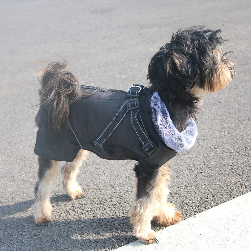 Waterproof Dog Clothes with Harness for Medium Large Dog Winter Warm Fur Collar Pet Dog Jacket Reflective French Bulldog Costume