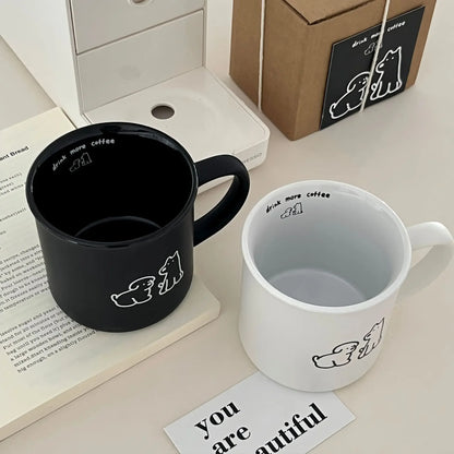Premium Frosted Small Dog Mark Cup, Korean INS Breakfast Coffee Cup, Ceramic Cup Black and White Couple Cup Gift Box Set