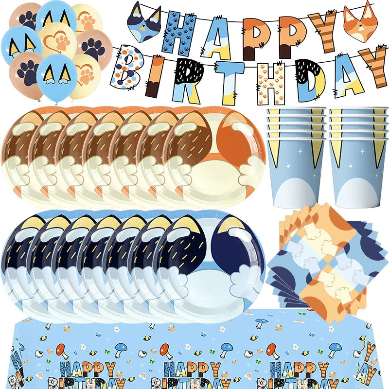 New Cartoon Dogs Birthday Party Decoration Full Set Kit Blue Dog Happy Birthday Plates Napkins Cups Tableware Supplies Kid Favor