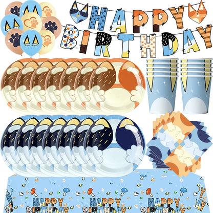 New Cartoon Dogs Birthday Party Decoration Full Set Kit Blue Dog Happy Birthday Plates Napkins Cups Tableware Supplies Kid Favor