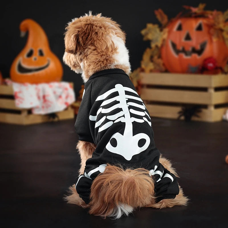 Halloween Dog Costume Glow-in-the-Dark Skeleton Bone Design Dog Clothes Cozy Polyester Jumpsuit for Small to Medium Breeds