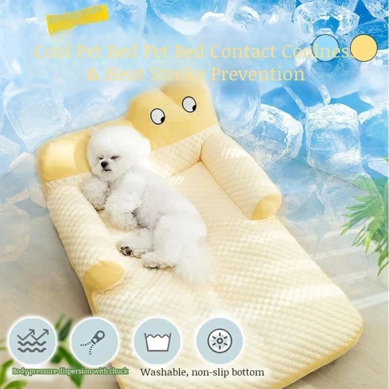 Pet Cooling Pad with L Shaped Pillow and Two Cute Eyes Pattern for Dogs and Cats Washable Ice Cooling Mat Summer Comfort Design