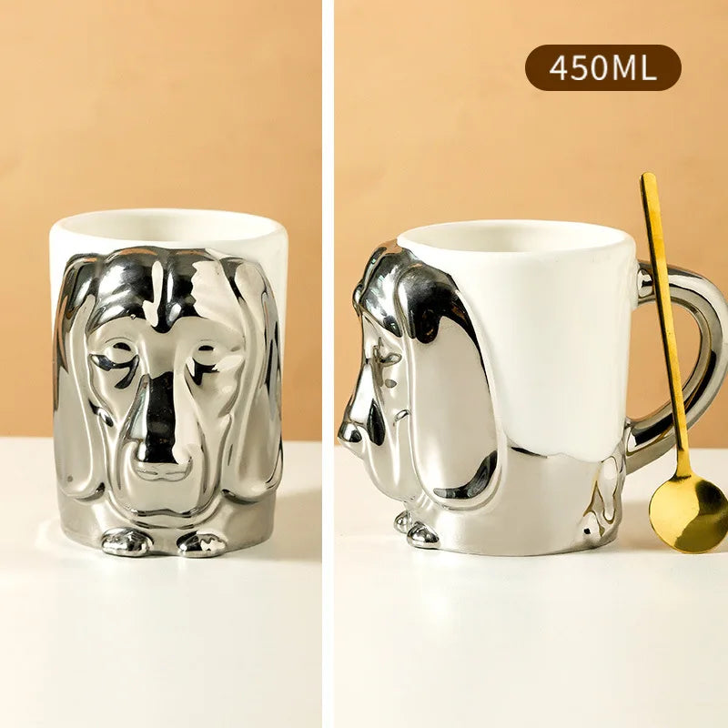 1pc Creative Stereo Dog Coffee Cup Cartoon Animal Tea Cup Gold Plated Silver Dog Ceramic Mug Couple Gift Oatmeal Mug Home Decor