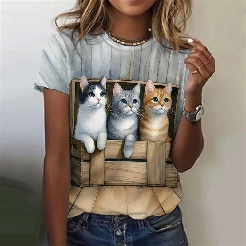 the LITTLE FURBALLS - Cute Women's T-Shirt, Cat/Dog 3D Print Casual Short Sleeve Funny T-Shirts, Fashion Streetwear O-Neck Orange Cat Female Clothing