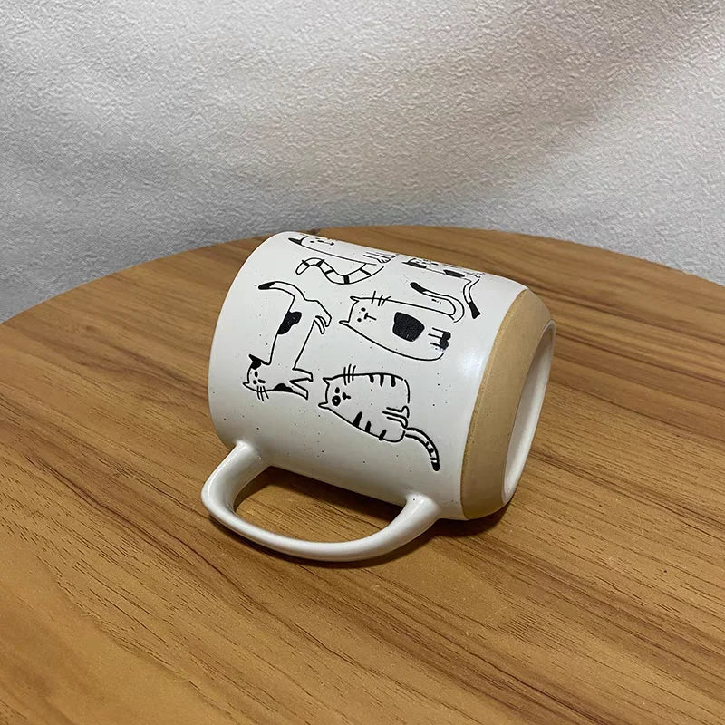 450ML Creative Hand-painted Ceramic Mug Vintage Cartoon Animal Kitten Milk Coffee Cup Kawaii Cat Nordic Kitchen Coffee Mugs Gift