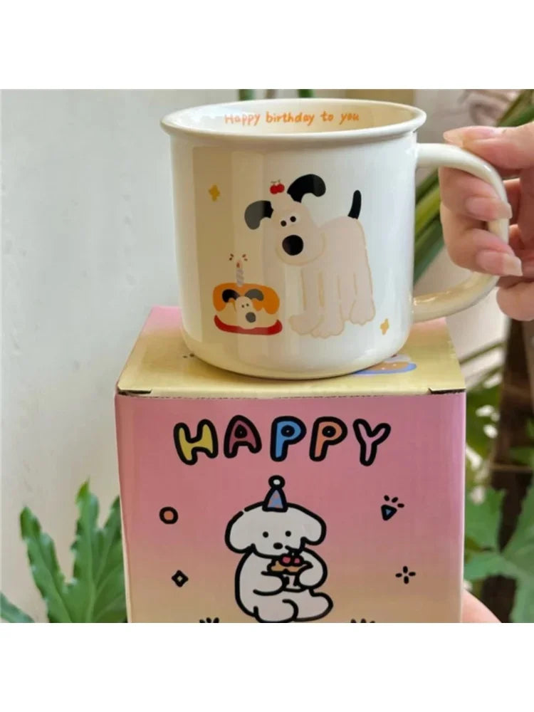 1Pcs Ins Cute Happy Bear Ceramic Mug Kawaii White Puppy Cartoon Coffee Mug Fashion Vintage Afternoon Tea Cup Pair Couple Gift