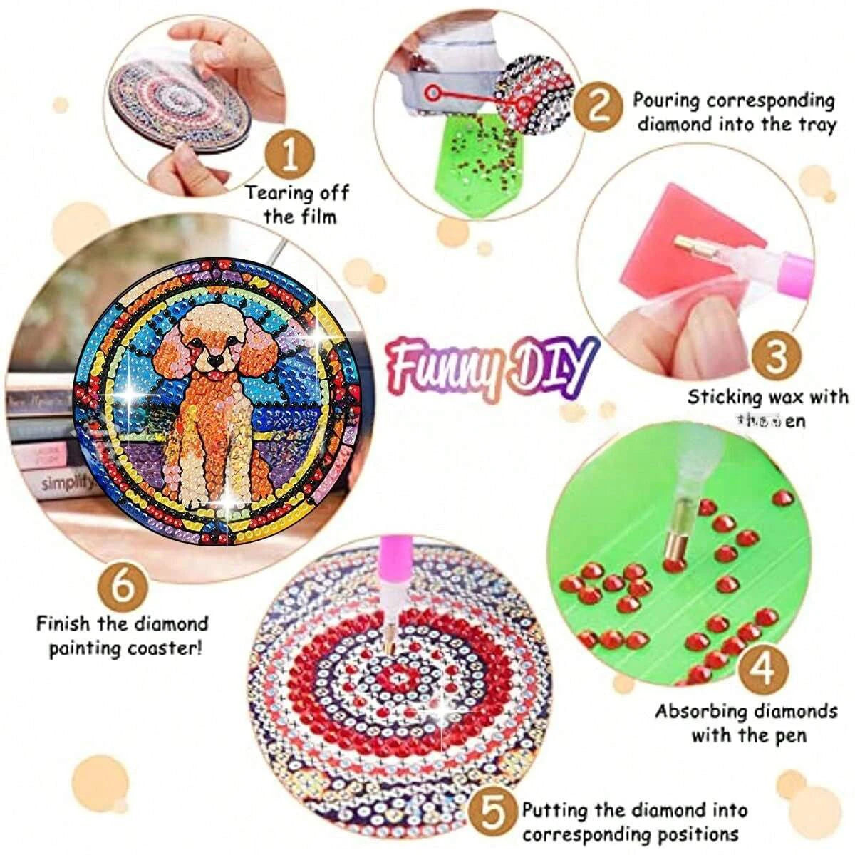 8pcs Dog Themed Diamond Painting Coaster Kits, DIY Craft Stained Glass Style Round Diamond Art Coasters