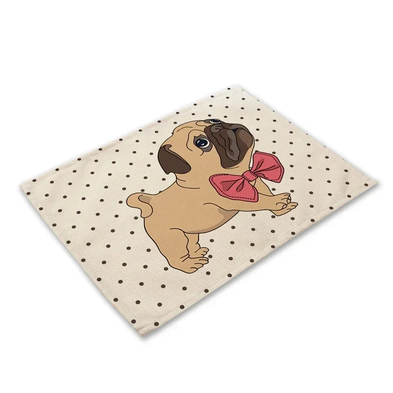 Pug Dog Pattern Cotton Linen Pad Dining Table Mats Coaster Bowl Cup Mat Pattern Kitchen Placemat 40*30cm Home Decor
