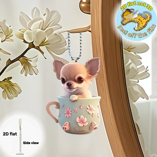 2D Chic Chihuahua Keychain Puppy in Tea Cup Pendant Ornament Acrylic Charm For Christmas ,Backpack,Bag,Home,Festive,Gift&Decor