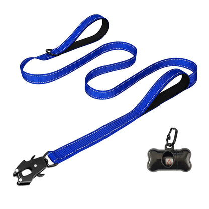 the COMMANDPRO REFLECTIVE LEASH - Heavy Duty Dog Leash - Nylon Reflective with Soft Padded 2 Handle & Auto Lock, Frog Clip, Outdoor Dog Leash with a Dog Poop Bag