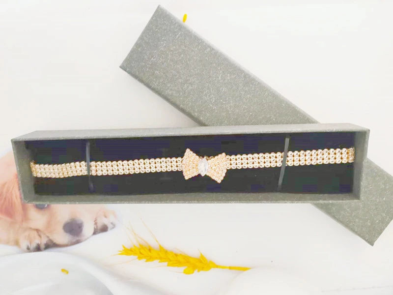 the BELLEBOW ZIRCON COLLAR - Zircon Bow Tie Chihuahua Dog Collar, Rose Gold Lobster Button Cat/Dog Necklace with Package Box, Adjustable All Season Pet Accessories