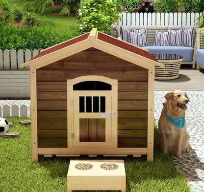 the DOGGY CABIN - Large Outdoor Wooden Dog Kennel with Sun Visor and Wooden Door, Weatherproof Pet House