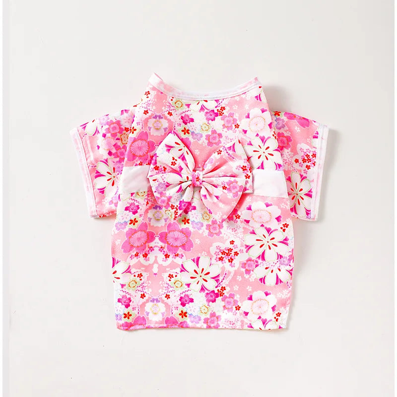 Adorable Brocade Pet Kimono Dress Japanese Style Pet Dress Floral Bowknot Pet Costume for Dogs Cats