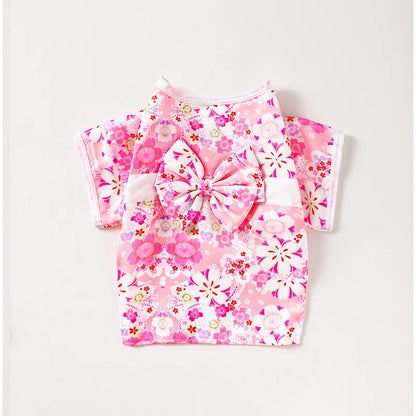 Adorable Brocade Pet Kimono Dress Japanese Style Pet Dress Floral Bowknot Pet Costume for Dogs Cats