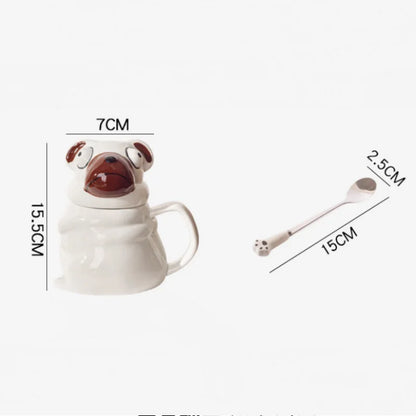 Cartoon Dog Shaped Ceramic Coffee Mug With Lid And Spoon Cute Pug Shaped Breakfast Milk Tea Water Cups Porcelain Cup Funny 500ML