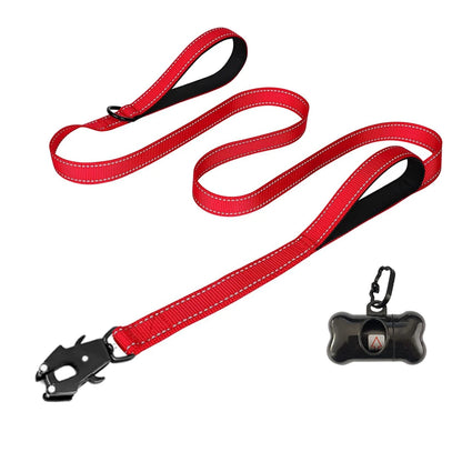 the COMMANDPRO REFLECTIVE LEASH - Heavy Duty Dog Leash - Nylon Reflective with Soft Padded 2 Handle & Auto Lock, Frog Clip, Outdoor Dog Leash with a Dog Poop Bag