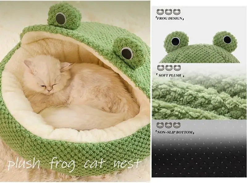 Pet Bed for Small Dogs Cats, Winter Warm Plush Round Puppy Bed Green Cartoon Frog Design Dog Nest Cat Basket