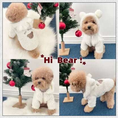 Cute Cartoon Bear Pattern Plush Dog Hoodie with Hat Zipper Cats Coat Jackets Warm Pet Clothes for Large Small Pet