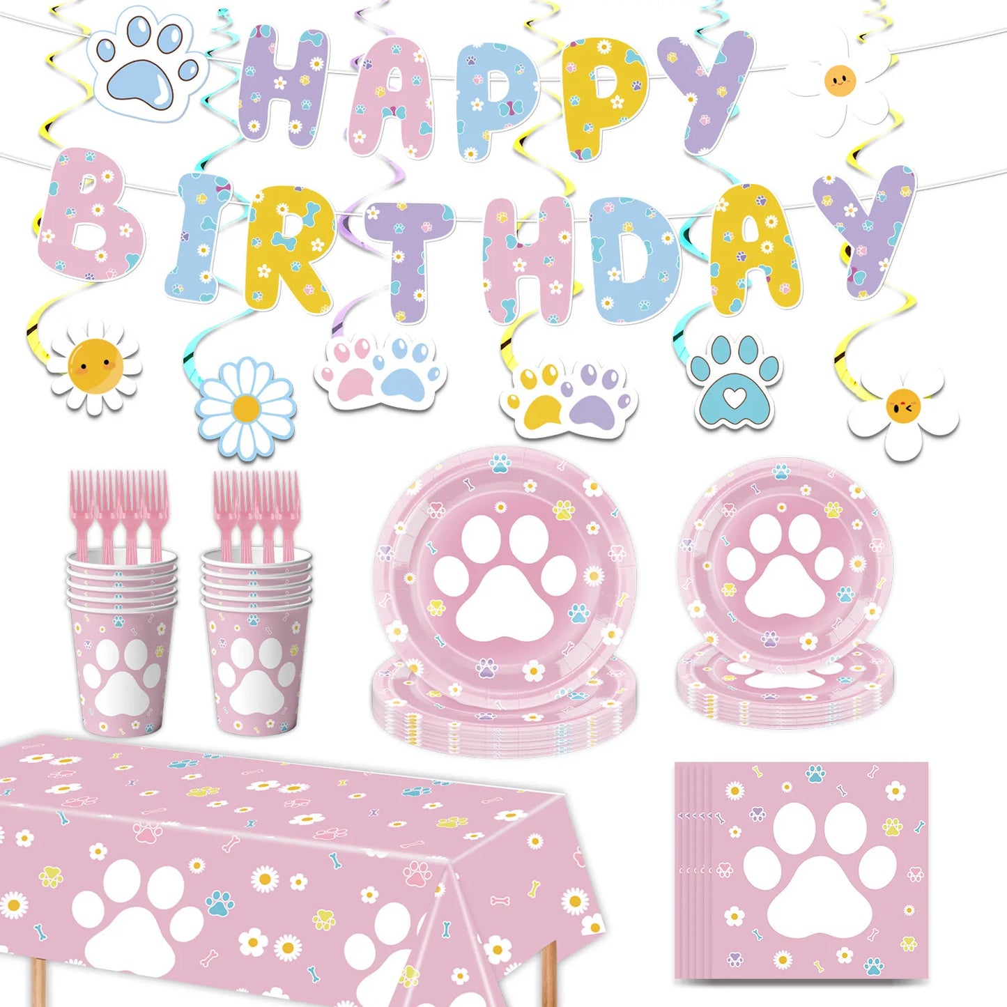 Dog Birthday Party Supplies Pink Blue Paw Paper Plates Napkins Cups Cute Puppy Theme Kids Birthday Baby Shower Party Table Decor