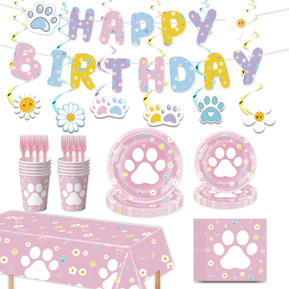 Dog Birthday Party Supplies Pink Blue Paw Paper Plates Napkins Cups Cute Puppy Theme Kids Birthday Baby Shower Party Table Decor