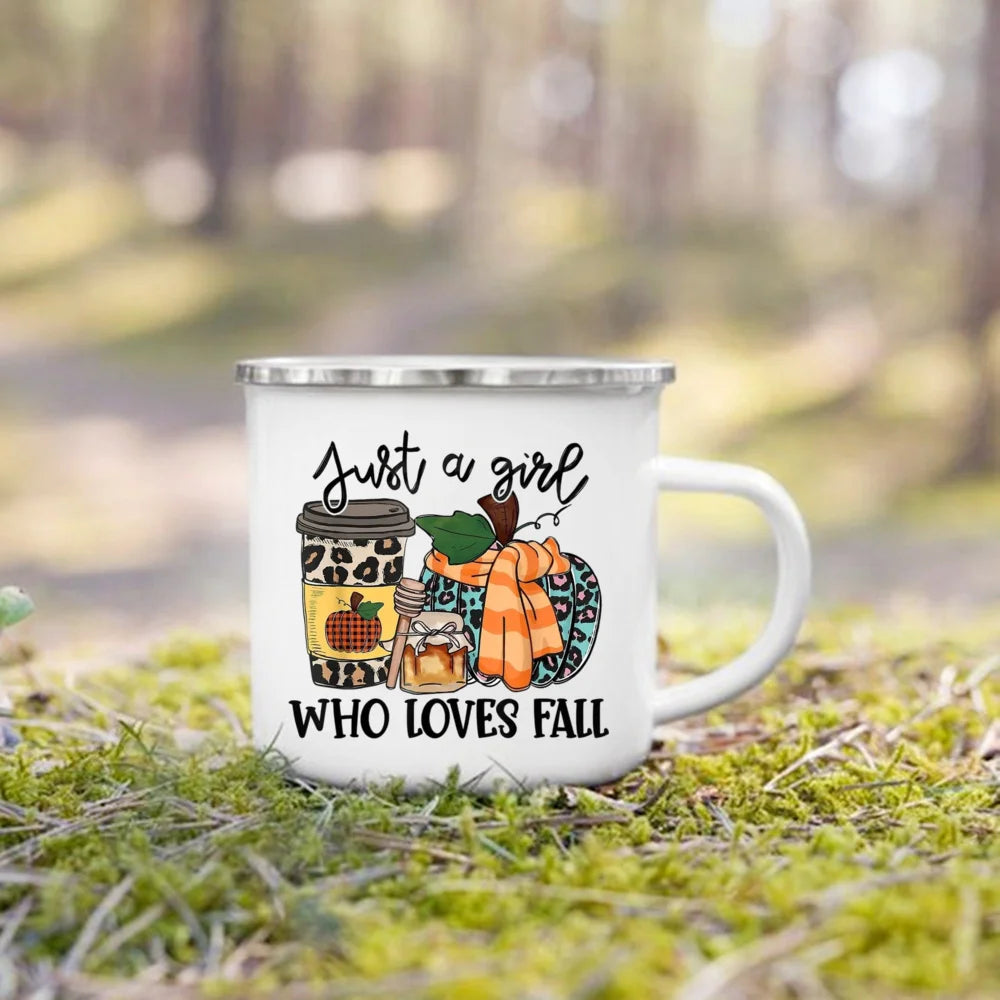 Pumpkin Leaves Dog Cat Printed Enamel Mugs Coffee Cups Fall Thanksgiving Party Wine Juice Mug Handle Cup Autumn Holiday Gifts