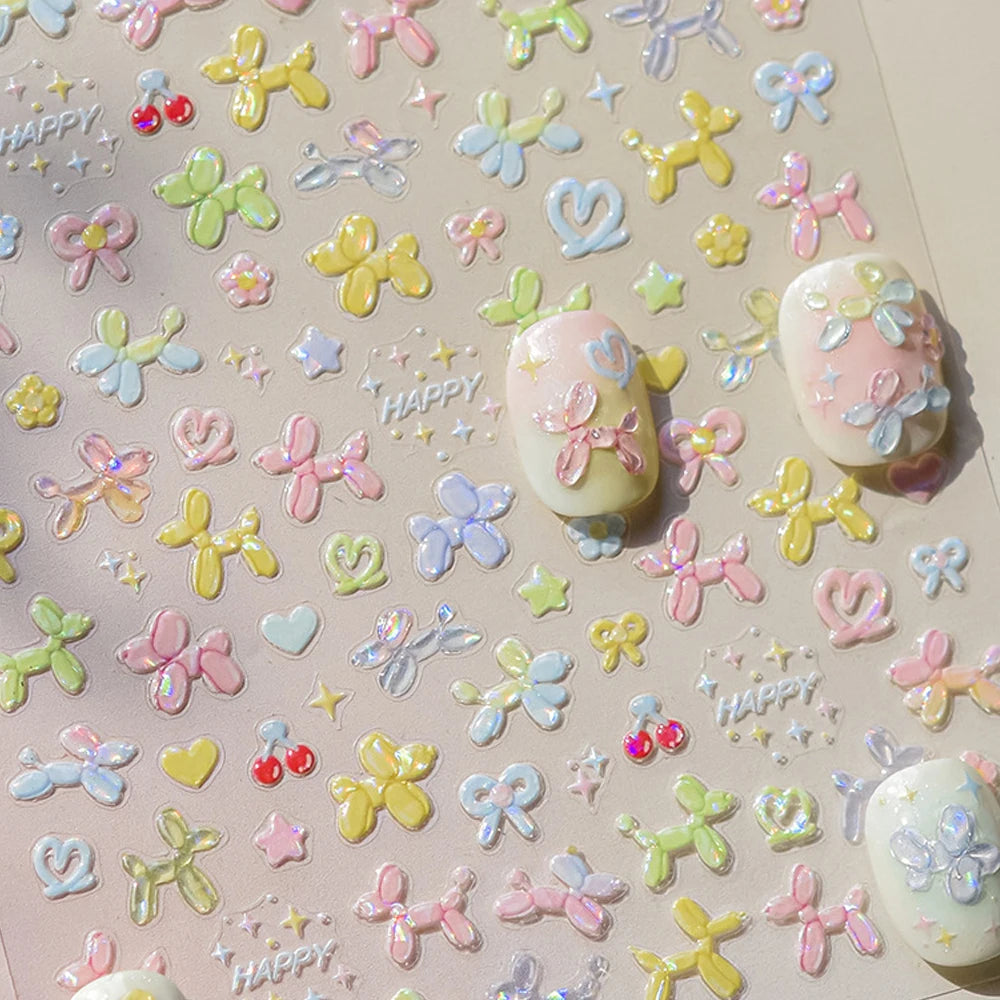 Colorful Balloon Cute Puppy Flower Cherry Bowknot Love Happy Dog Animal Self Adhesive Nail Art Sticker Decoration Manicure Decal