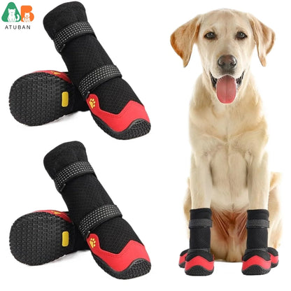 the PROTECTIVE PET PAWS - 4PCS Dog Shoes for Hot Pavement, Anti-Slip Dog Boots, Waterproof Dog Shoes for All Dogs, Reflective Straps Pet Dog Boots for Hiking