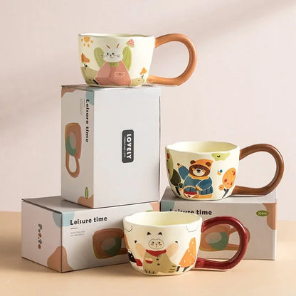 350ML Cartoon Hand Painted Bunny bear Coffee Cups Irregular Ceramic Mug Large Handle Home Office Milk Water Cup Kid's Gifts