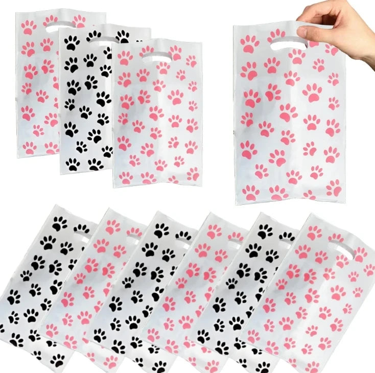 30/20/10pcs Pink Paw Gift Bag Birthday Decoration Black Footprints Dog Cat Handle Goody Bags Biscuit Wrapper Kids Party Supplies
