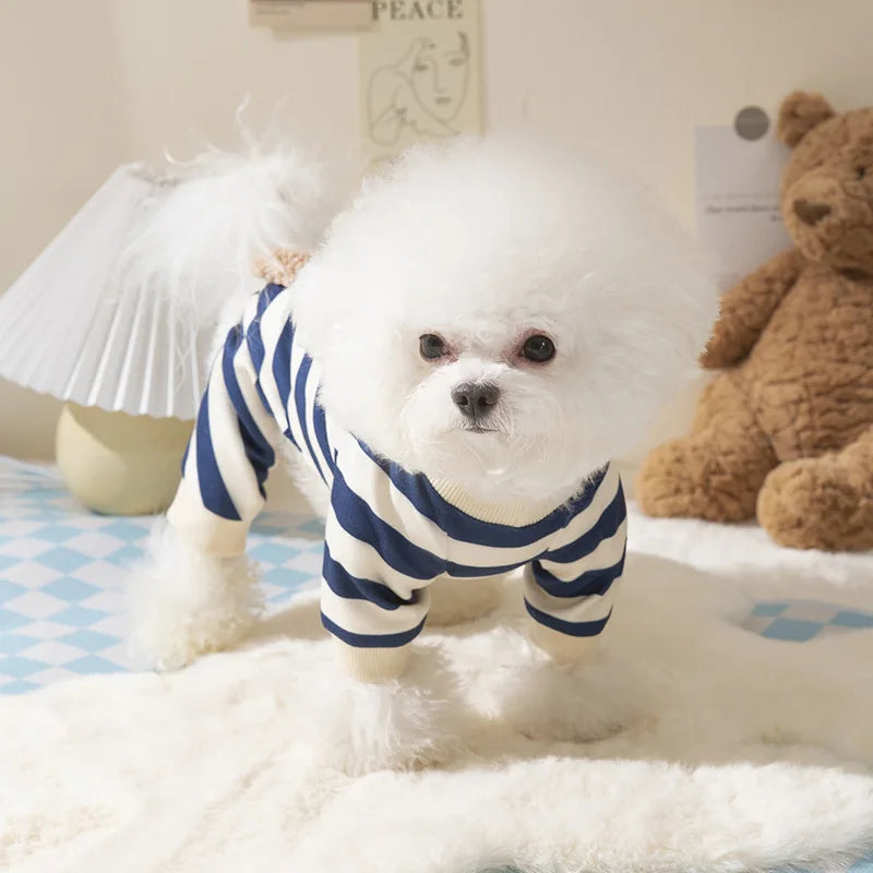 Thin Dog Clothes for Small Dogs Cute Bear Striped Dog Jumpsuit Pet Dog Coat Four Legs Dog Pajamas Kitten Puppy Sweatshirt Autumn