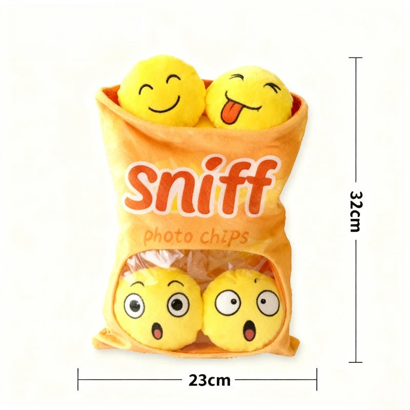 Plush potato chip bag dog toy - Medium sized interactive sniffing and chewing toy for dogs - Durable