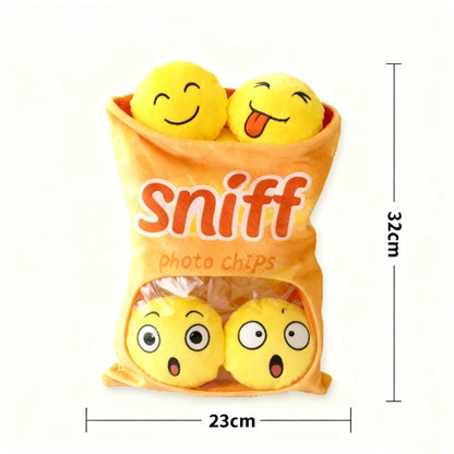 Plush potato chip bag dog toy - Medium sized interactive sniffing and chewing toy for dogs - Durable