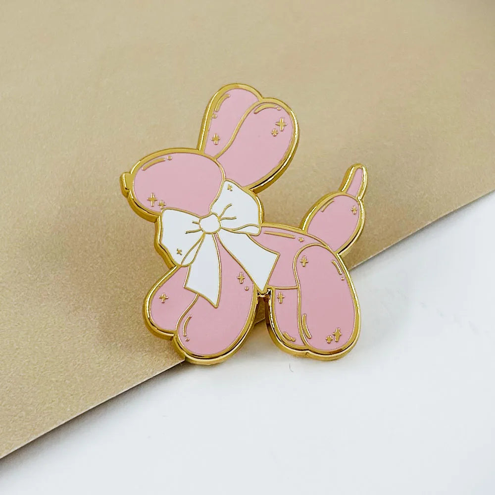 Pink Balloon Dog Enamel Pin Cute Puppy With Bow Tie Brooch Pastel Jewelry Hot Girl Gift Accessories