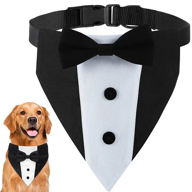the TUXEDO DOGGY - Bow Tie Dog Collar Tuxedo Bandana, Adjustable Formal Puppy Triangle Neck Wear for Wedding/Birthday, Dress-up, Cosplay, Party
