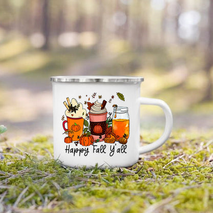 Pumpkin Leaves Dog Cat Printed Enamel Mugs Coffee Cups Fall Thanksgiving Party Wine Juice Mug Handle Cup Autumn Holiday Gifts