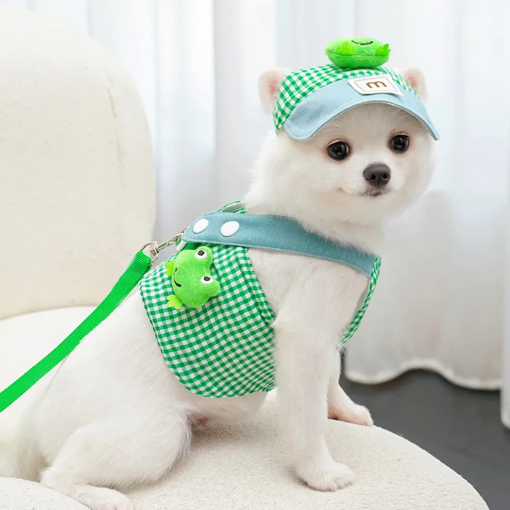 Three-piece Set Pet Cat Dog Chest Harness Traction Rope and Sun Hat Set Spring Summer Breathable Puppy Harness Dog Baseball Cap