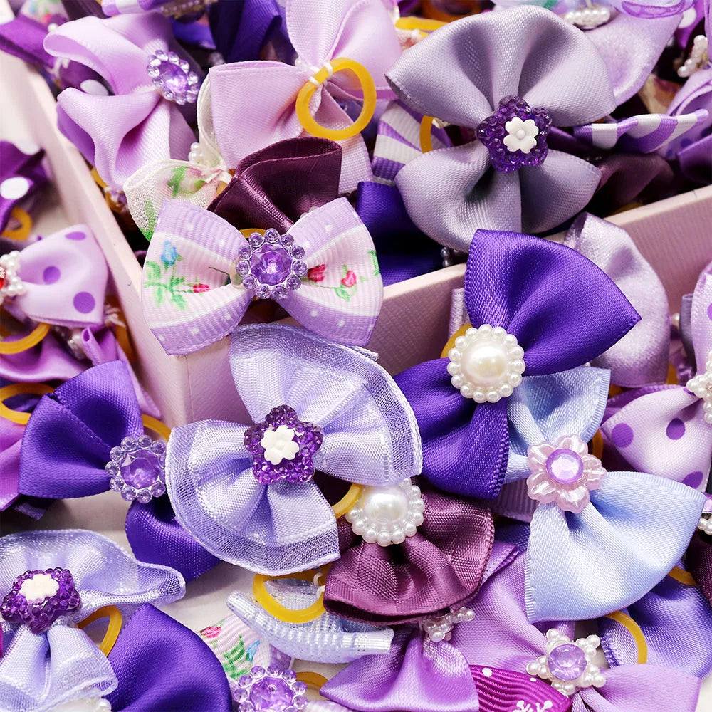 the PRETTY PURPLE BOW - Handmade Puppy Bows, 10/20PCS New Dog Bows with Rubber Bands, Purple Series Dog Bowknots, Pet Hair Accessories for Small Dogs
