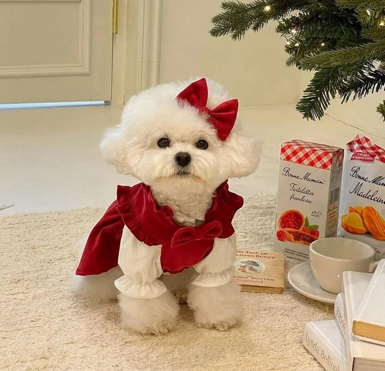 Christmas Dog Dress Pet Clothes Cat Red Pink Suit With White Shirt  Warm New Year Clothing for Cats French Bulldog Party Dress