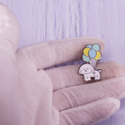 Vivi Dog with Balloons Enamel Pin Mini Puppy Bichon Frise Cute Dog Pet Brooch Badge