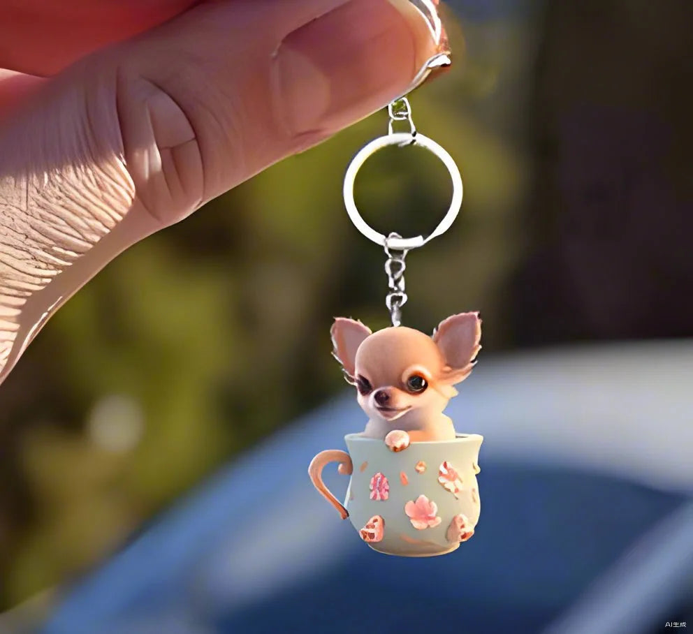 Acrylic 2D Teacup Puppy Keychain for Women Cute Chihuahua Dog Bag Pendant Car Decoration Accessories Key Chain Girl Jewelry Gift
