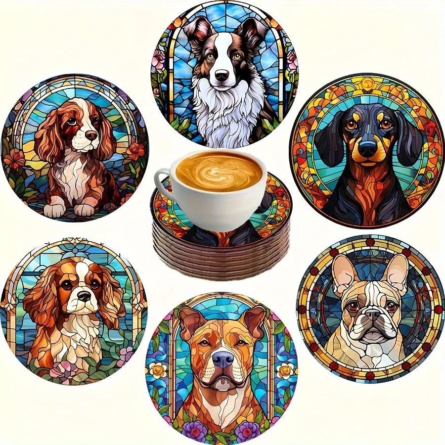 6/8pcs 2D single-sided dog pattern heat resistant non-slip round wooden coaster perfect family afternoon tea coffee shop Gifts