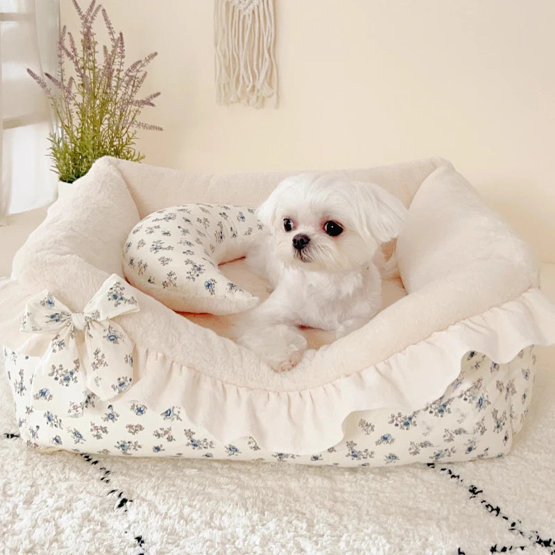 Pet House Bed Cats Small Dog Sofa Cat Nest Rural Style Pure Cotton with Lotus Leaf Edges Detachable and Washable Pet Supplies