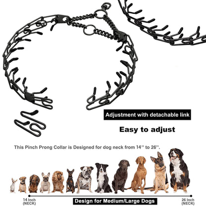 Training Prong Dog Collar Removable Black Pet Link Chain Adjustable Stainless Steel Metal Spike Necklace with Comfort Rubber Tip