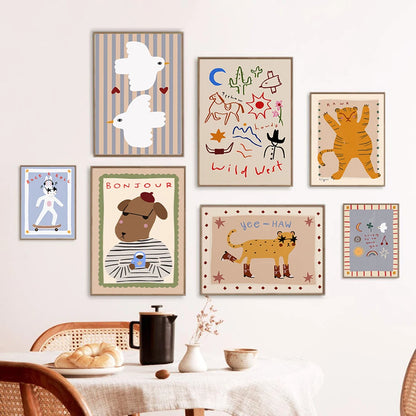 Funny Animals Tiger Bonjour Dog Bunny Skateboard Posters Prints Wall Art Canvas Painting Nursery Pictures for Kids  Room Decor