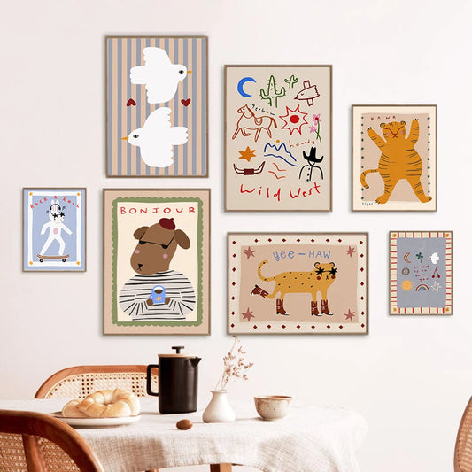 Funny Animals Tiger Bonjour Dog Bunny Skateboard Posters Prints Wall Art Canvas Painting Nursery Pictures for Kids  Room Decor