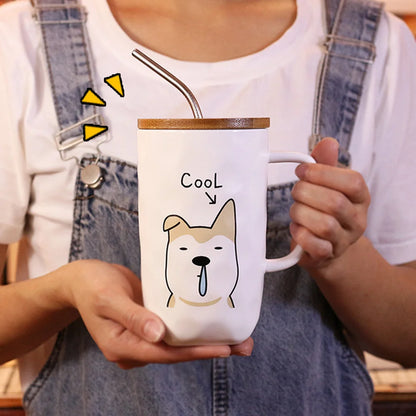 Large Capacity Ceramic Coffee Mug with Lid and Straw, Dog Design Teacup with Handle, Creative Gifts, 600ml