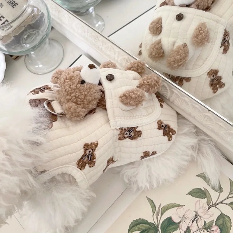 Winter New INS Cotton Dog Clothes Pocket Little Bear Cotton Jacket Vest Chest Back Pet Dog Cat Warm Printed Bear Sleeveless
