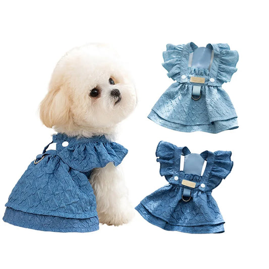 Denim Dog Dresses for Small Dogs, Puppy Girl Clothes with Leash Ring, Flying Sleeves, Summer Cat Apparel, Blue Chihuahua Outfits